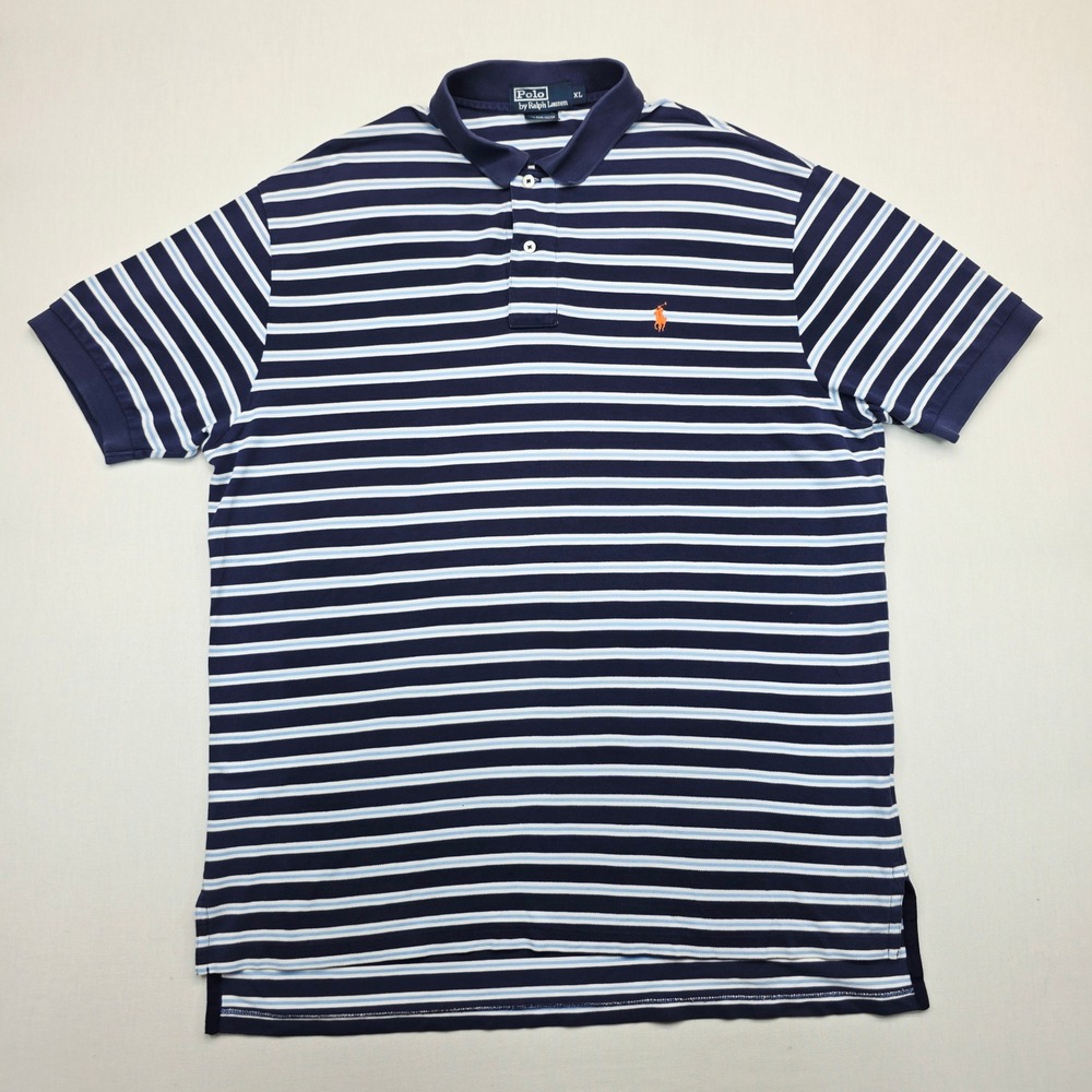 Polo Ralph Lauren Pima Cotton Striped Polo Shirt Mens XL Navy Blue Orange Pony